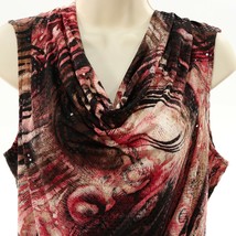 Alfani Womens Cowl Neck Tank Top M Medium Embellished Blouse Black Red Tan Swirl - £25.61 GBP