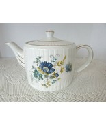ELLGREAVE IRONSTONE WOOD &amp; SON TEAPOT BLUE FLORALS RIBBED WHITE ENGLAND ... - $20.43 CAD