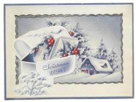 VINTAGE 1940s WWII ERA Christmas Greeting Card Foil Edge Die Cut SNOW MA... - $14.84