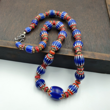 Vintage Blue Chevron &amp; Venetian Style 6mm Red Chevron Beads Necklace NC-B-3 - £49.37 GBP