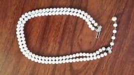 Glass Bead Necklace White 14&quot; to 16&quot; rhinestones silvertone - $13.00