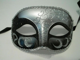 Silver Gray Black Elegant Crescent Glitter Venetian Masquerade Mask - £7.77 GBP