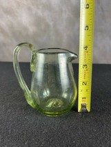 Vintage Green Hand Blown Art Glass Mini Pitcher  4&quot; Tall Applied Handle - £17.99 GBP