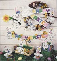 Plastic Canvas Easter Bunny Banner Basket Wreath Candy Cup Daffodils Patterns - £9.73 GBP