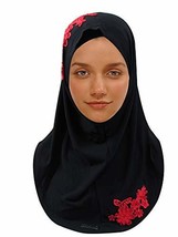 Instant Amira Hijab with Top and Front Daisy Applique Black Red - $14.65