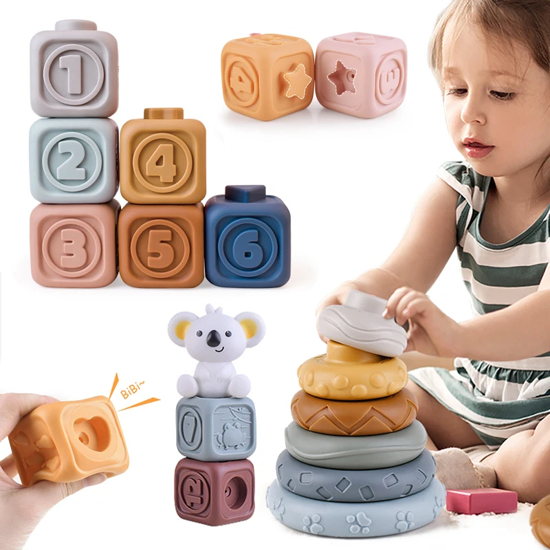 Baby Silicone Building Blocks Montessori Toys for Babies Squeeze Stacker &amp; - £10.89 GBP+
