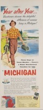 1954 Print Ad Michigan Tourist Council Man &amp; Woman with Stringer of Fish Tackle - £15.34 GBP