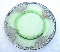 Green Glass Dish Plate Sterling Silver Overlay Edging Art Deco Antique 8.25&quot; - £18.55 GBP
