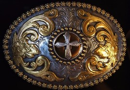 Nocona CROSS  Oval Belt Buckle Gold and Silver Tone M &amp; F Western  3756645 - £19.18 GBP