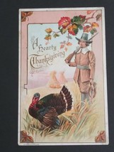 A Hearty Thanksgiving Turkey Pilgrim with Gun H Wessler Embossed 1910 Po... - $9.99