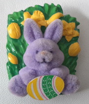 Bunny Rabbit Brooch Pin With Daffodils Purple Fuzzy 1 3/4 Inches Tall C Clasp - £7.84 GBP