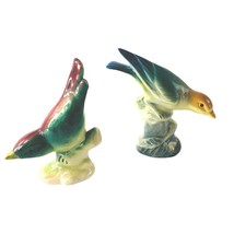 2 Vintage Birds on Tree Figures Art Pottery MCM Blue Green Maroon Peach Ceramic - £24.13 GBP