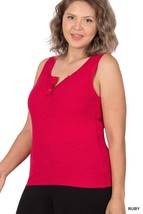 Womens Ribbed Fitted Tank Top Button Placket Raw Seams Plus Ruby Red - £11.62 GBP