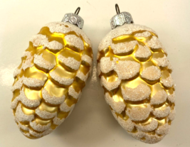 Lot of 2 Glitter Glass Pine Cone Gold White Rustic Christmas Ornaments - £15.56 GBP