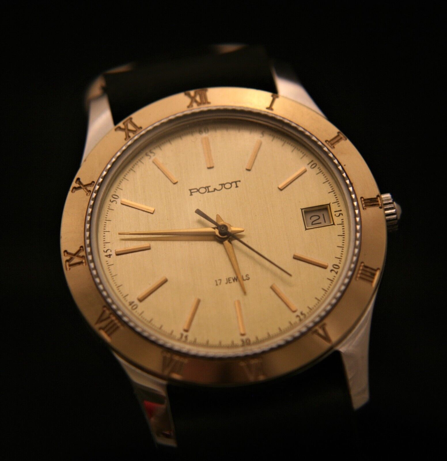 Serviced men's vintage Soviet 1990'S Poljot 17J gold calendar dress wristwatch - $212.85