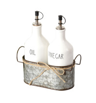Country White Ceramic Oil and Vinegar Cruet Set With Galvanized Metal Holder - £34.30 GBP