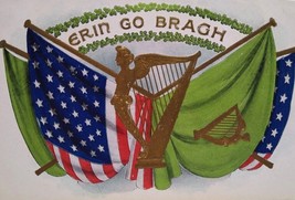 St Patrick&#39;s Day Postcard Erin Go Bragh Ireland US &amp; Irish Flags Harp Unused - £13.65 GBP