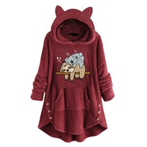 Cat Print Long Hoodies Sweatshirt Women Fleece Warm Embroidery Pocket Pullovers  - £58.47 GBP