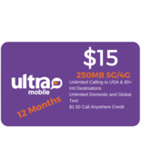 Ultra Mobile $15 Plan 250MB 5G/4G LTE Data UNLIMITED CALL+TEXT 12 MONTH SIM - £95.30 GBP