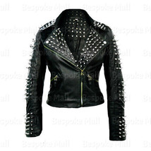New Womens Handmade Silver Spiked Studded Black Biker Cowhide Leather Ja... - £259.24 GBP
