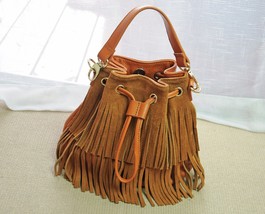 Natural Suede Leather Handbag Women Natural Leather Fringes Bucket Messenger Bag - £58.59 GBP