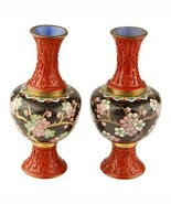 PAIR OF ANTIQUE VINTAGE ASIAN CINNABAR AND CLOISONNE VASES CHERRY BLOSSOM - €664,90 EUR