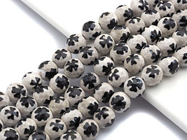 Quality Dzi Black White Aage with Flower Patten Beads, Round Faceted Tibetan - $8.00