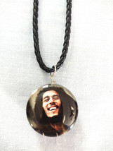 Bob Marley Smiling Classic Glass Double Sided Pendant Black Leather 18&quot; Necklace - £8.01 GBP
