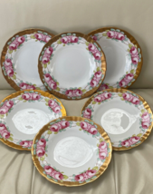 Pointons Stoke on Trent England 6 Pink Roses and Heavy Gold Luncheon Plates - £193.84 GBP