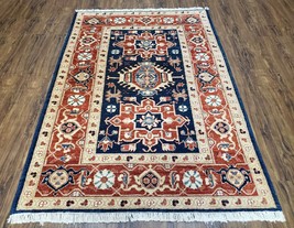 Vintage Turkish Area Rug 4x6 Wool Handmade Red &amp; Blue Oriental Decorative Carpet - £535.03 GBP