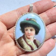 Vintage Sterling Silver 925 Womens Jewelry Pendant Hand Painted Portrait... - $210.00