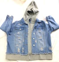 Distressed Denim Hooded Jacket With Playful Rips &amp; Layered Style 1X Thri... - $23.75