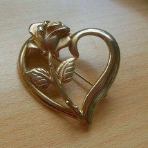 Vintage Signed ROC Gold-tone Heart Rose Brooch - $12.88 CAD