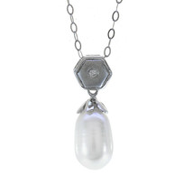 0.02 Carat Round Diamond & Pearl Vintage Pendant on Cable Link Chain 14K White G - £126.13 GBP