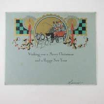 Antique Christmas Card Art Deco Carriage Horses Red Candles Holly Berrie... - $5.99