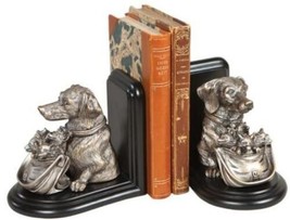Bookends Bookend EQUESTRIAN Lodge Dog with Basket of Fox Kits Ebony Silver - £230.97 GBP
