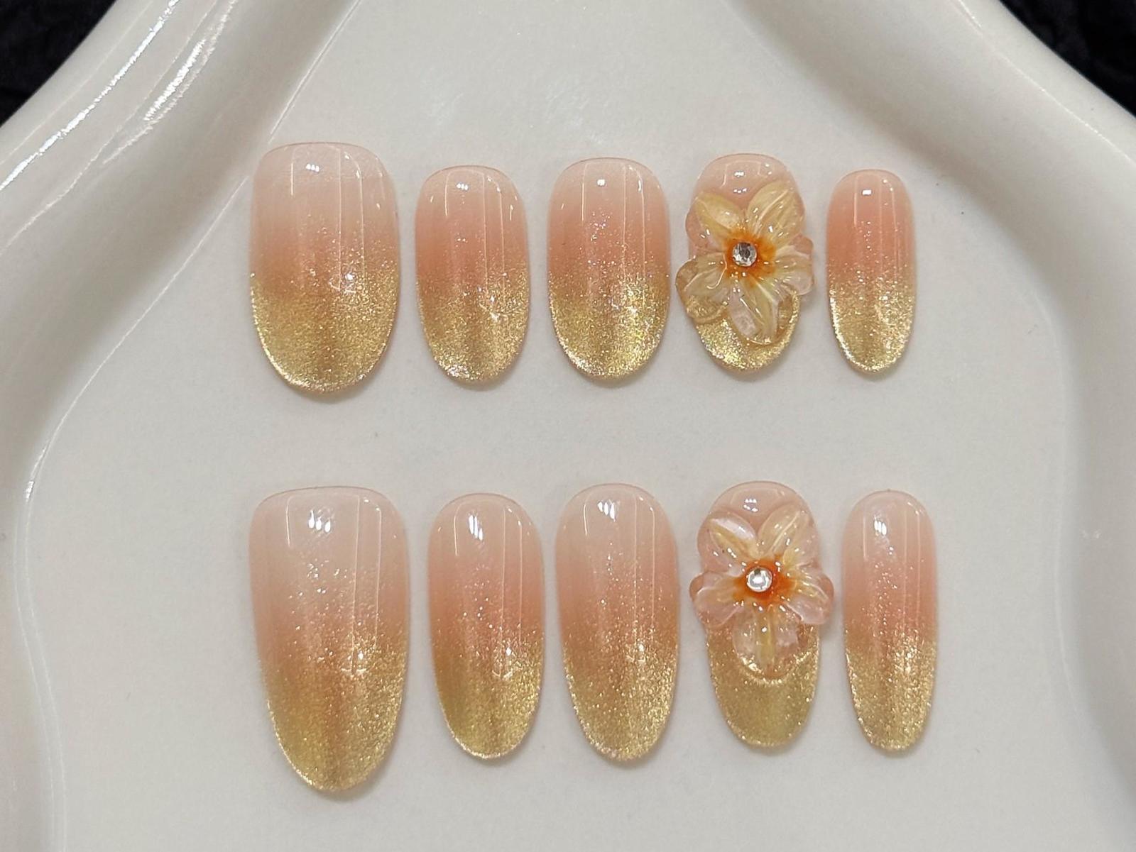 Peach Gold Ombre Press-On Nails with 3D Flower Accent Artificial reusabl... - $23.99