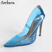 Blue Transparent Pvc Women Pumps Pointy Toes Slip On Shoes Ladies Stilettos Heel - £154.26 GBP