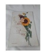 Vintage Postcard woman 1911 posted w/ stamp pretty lady Sunflower - $215.76 MXN