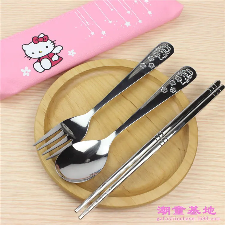 Kawaii Sanrio Hello Kitty Metal Spoon Fork Chopsticks Tableware PU Storage Bag - £12.07 GBP