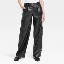 Women&#39;S High-Rise Straight Faux Leather Cargo Pants - Black 12 - $27.99