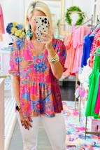 Rose Floral Print Puff Sleeve V Neck Blouse - $26.50