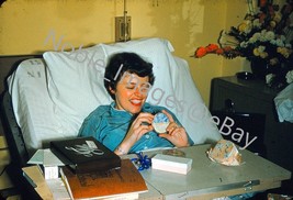 1950s Pretty Mom Post Delivery Hospital Bed Scene Red-Border Kodachrome Slide - £3.11 GBP