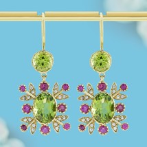 Natural Peridot Ruby Diamond Vintage Style Floral Earrings in Solid 9K Gold - £939.76 GBP