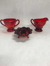Vintage 3 pcs Ruby Red  Anchor Hocking  creamer sugar candle holder with feet - £21.41 GBP