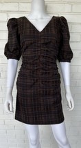 TOPSHOP Plaid Ruched Dress Puff Sleeve Brown Black Gold Zipper Women’s S... - $62.84