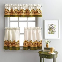 Yellow Farmhouse Sunflower Fields 3 Piece Kitchen Curtains Set, Valance &amp; Tiers - £15.44 GBP