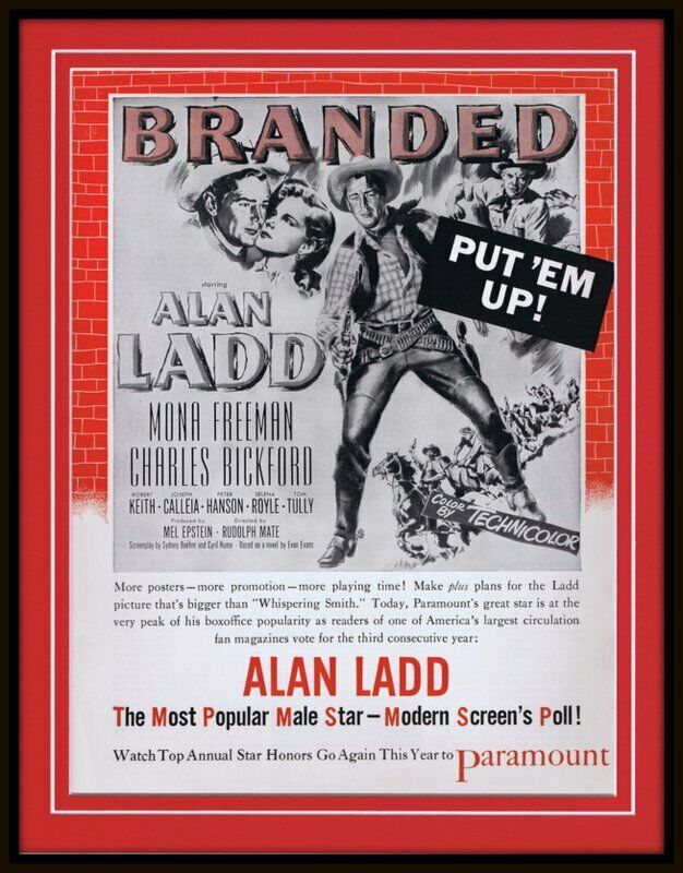 ORIGINAL Vintage 1951 Alan Ladd Branded 11x14 Framed Advertisement