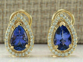 4.50 Ct Pear Cut Blue Tanzanite Halo Diamond Stud Earrings 14K Yellow Gold Over - £92.82 GBP