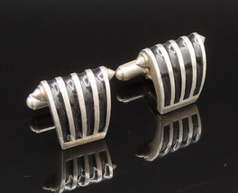 925 Sterling Silver - Vintage Ribbed Black Enamel Curved Cufflinks - TR3326 - £61.95 GBP